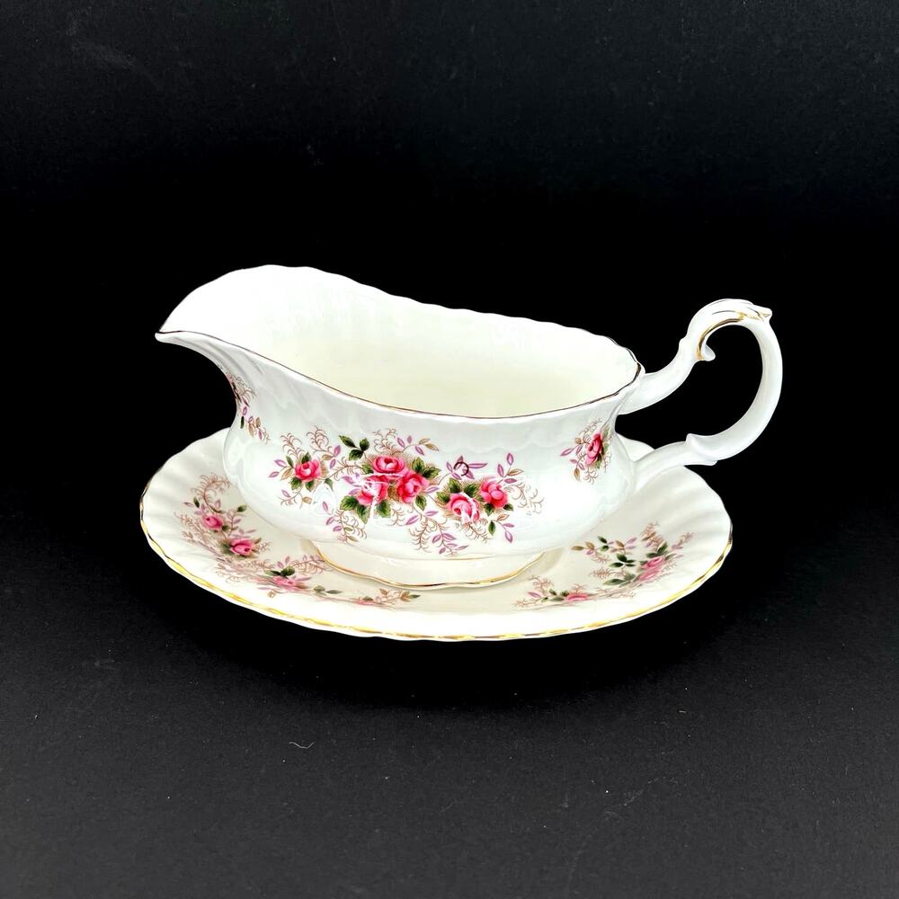 Royal Albert Bone China England Lavender Rose Gold Trim Gravy Boat and Tray